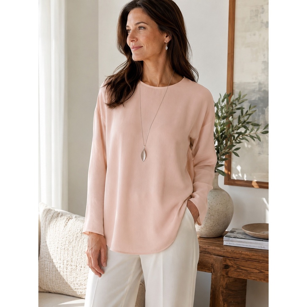 Eileen Fisher 100% Silk Georgette Crepe Blush Pink Boxy Long Sleeve Blouse L